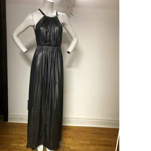 Le Chateau Black Silver Metallic Shimmer Maxi Gala Dress Gown Wedding NWT - Picture 3 of 8